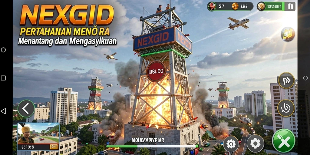 Tampilan gameplay NEXGID dengan strategi menara yang menawan.