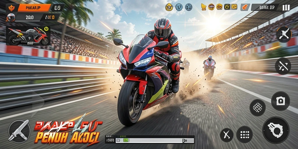 Gameplay PAKARJP dengan grafis motor balap yang menakjubkan.