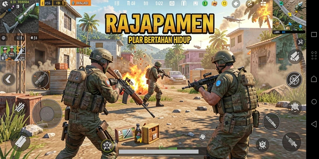 Tampilan seru gameplay RAJAPAMEN saat bertarung di Battle Royale.